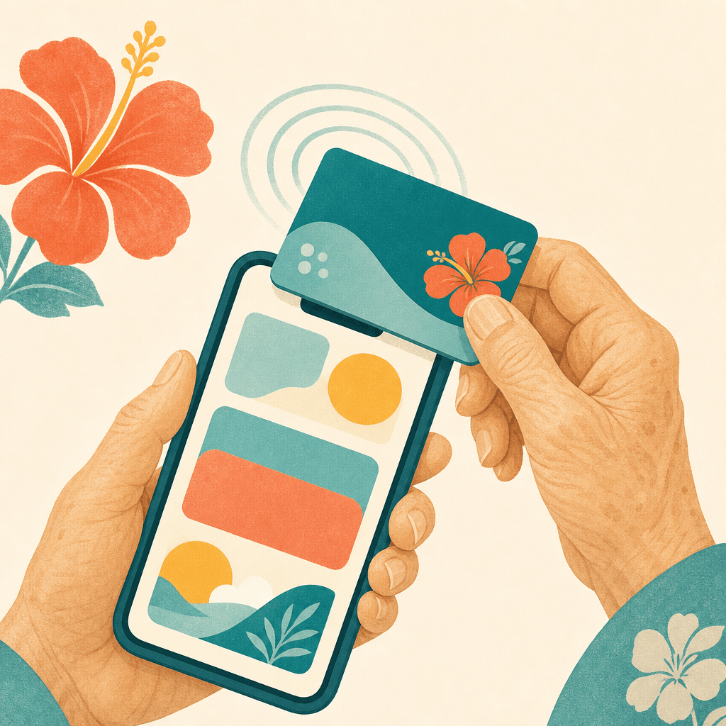 高齢者の手がNFCカードをスマートフォンにかざしている様子のイラスト