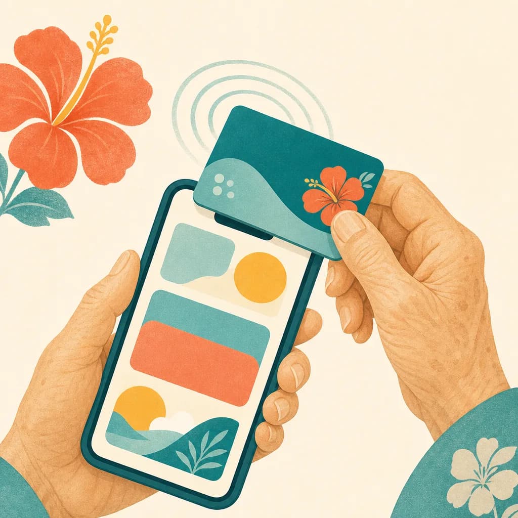 高齢者の手がNFCカードをスマートフォンにかざしている様子のイラスト